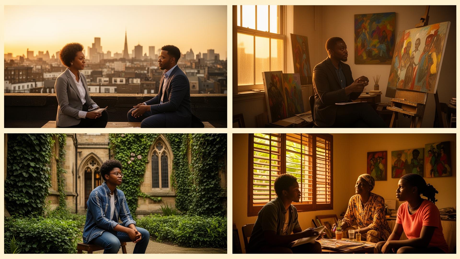 A four-panel mosaic of the African diaspora: Accra, Brooklyn, London, and Kingston