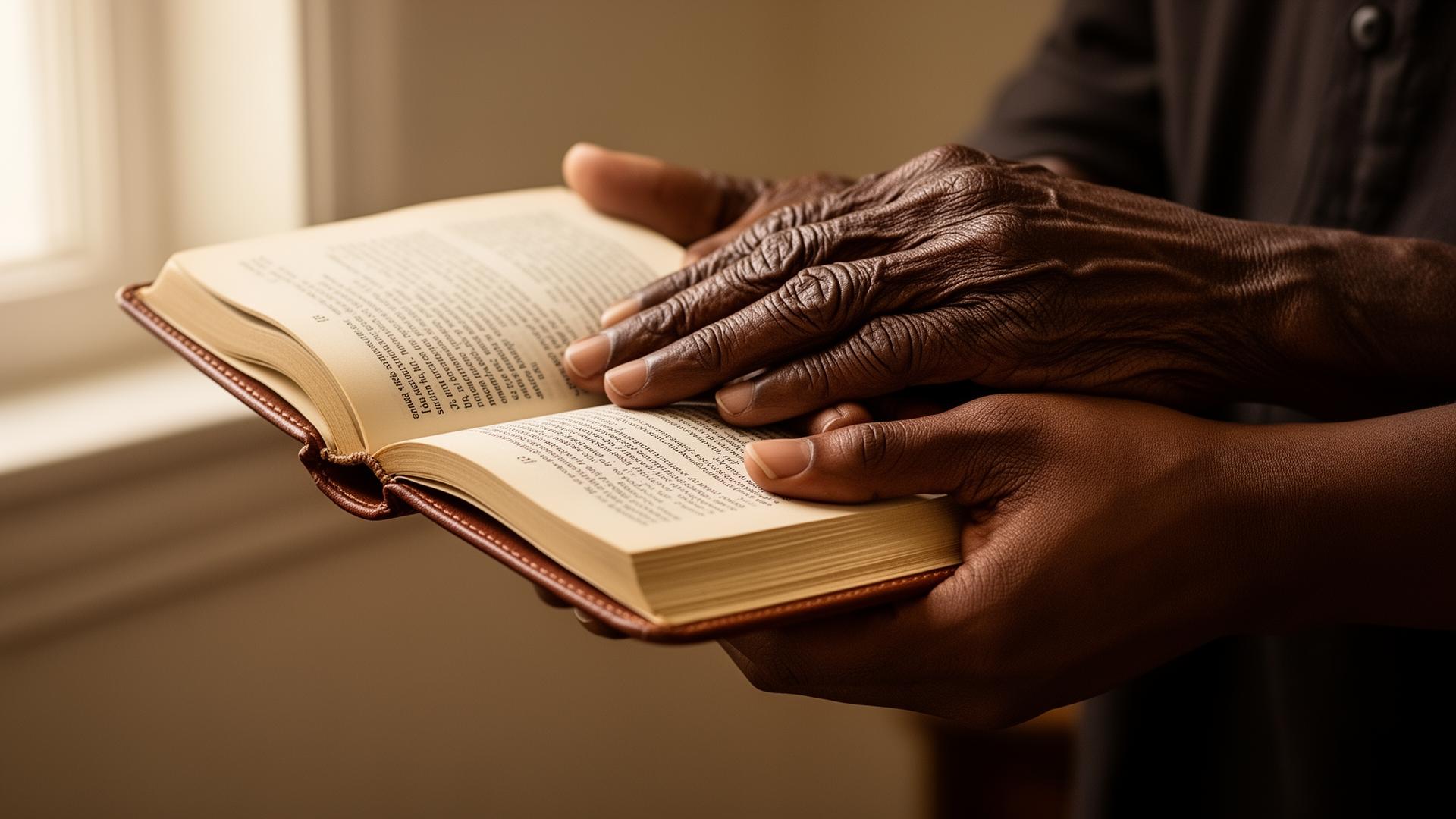 Elder Black hands resting over younger Black hands holding an open book — a quiet image of cultural continuity